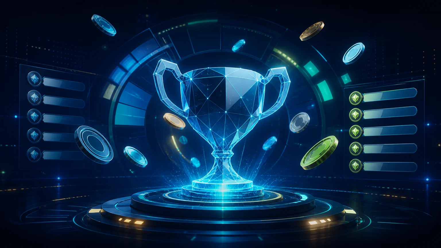 Digital turneringspokal omgitt av ledertavler og premiehjul