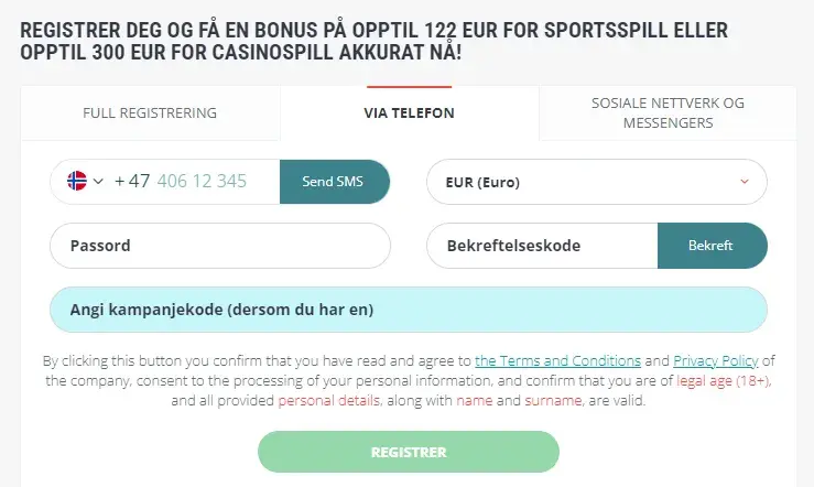 22bet registrer med telefon