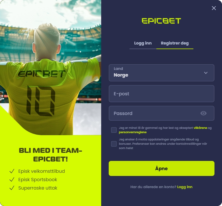 EpicBet.com Registrer en spillkonto