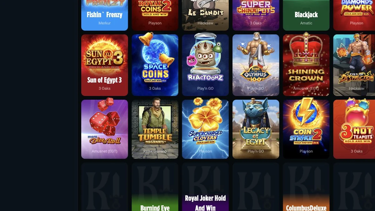 Kingdom Casino casino lobby og spillfiltre