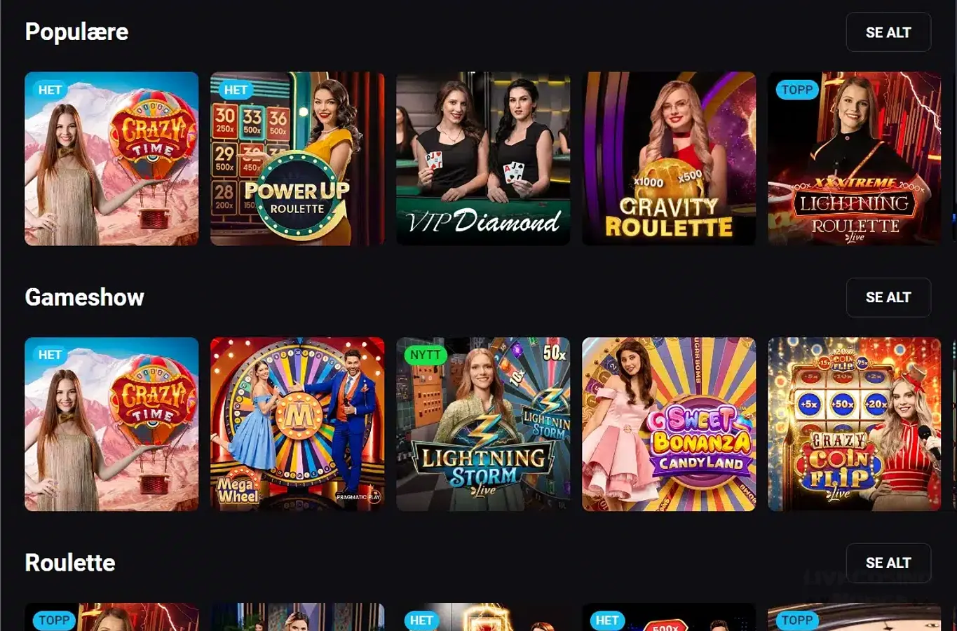 PlayMojo live casino seksjon