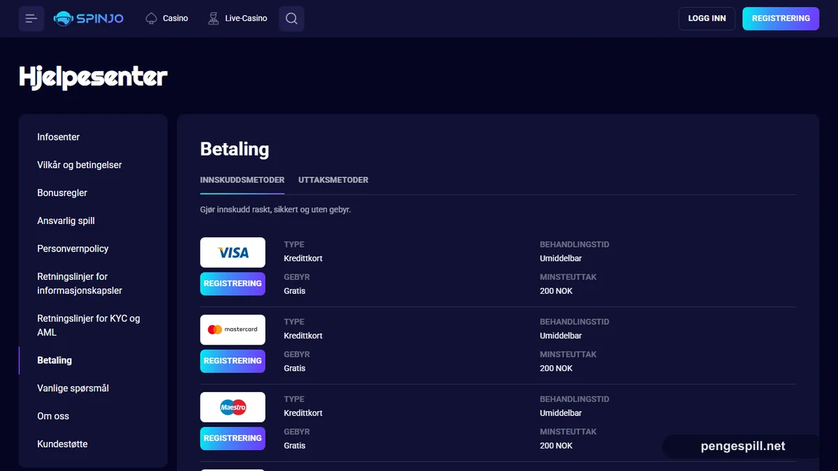 Spinjo Casino Anmeldelse 5 Spinjo Casino betalinger med kort e-lommebok og krypto