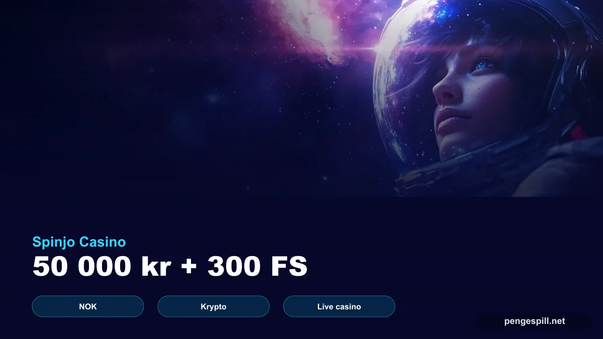 Spinjo Casino Anmeldelse 1 Spinjo Casino forside med 50 000 kroner og 300 gratisspinn