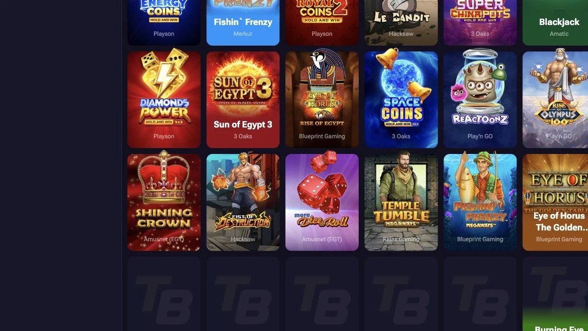 TenoBet casino lobby og spillfiltre
