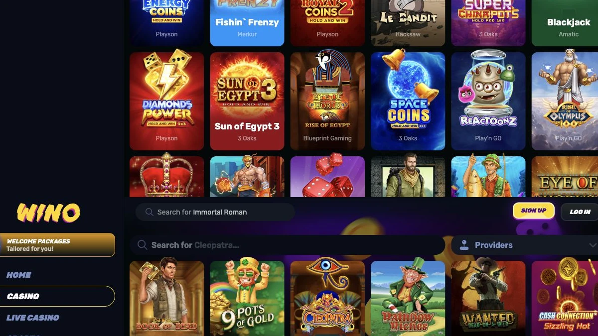 Wino casino lobby og spillfiltre
