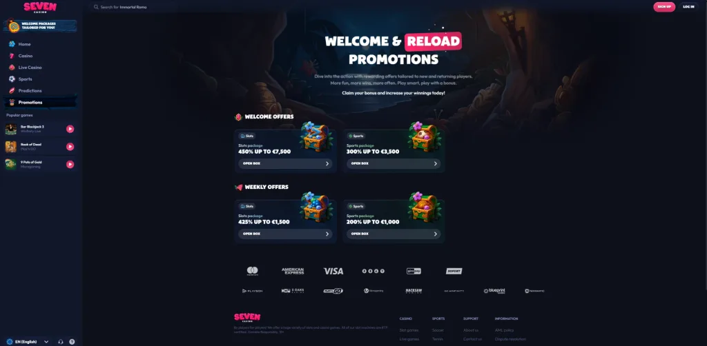 Seven Casino - Welcome og Reload Promotions oversikt, august 2026